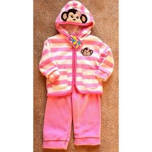 NWT Girl's Size 6-9 M Months 2P Mon Petit Pink Fleece Monkey Jacket & Pants Set